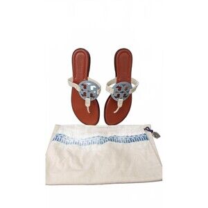 Tory Burch White Leather Logo Thong Sandals Summer Flat Shoes Size 8.5